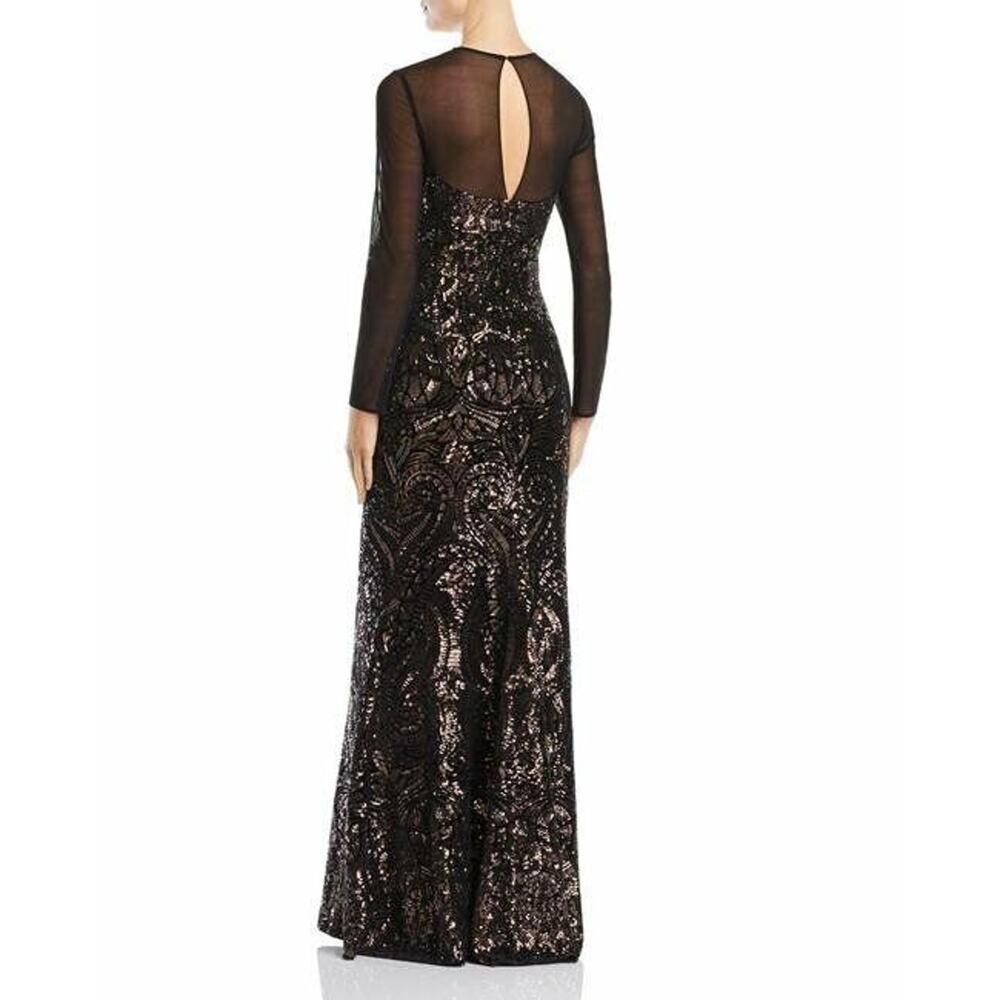 Betsy & Adam Black Velvet Bronze Sequin Long Sleeve Fitted Gown 4 NEW - Picture 3 of 12